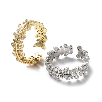 Brass Micro Pave Clear Cubic Zirconia Open Cuff Rings for Women, Leafy Branch