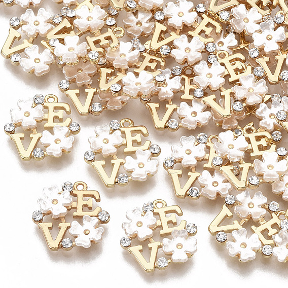 Brass Cubic Zirconia Charms, with Resin Imitation Shell, Nickel Free, Flower with Letter, Letter E & V