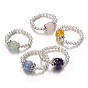 Platinum Tone Iron Bead Natural Gemstone Stretch Finger Rings, with Tibetan Style Bead Caps, 16mm