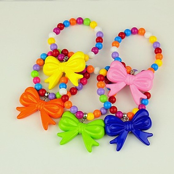 Fashion Acrylic Bracelets for Kids, Stretch Bracelets, with Acrylic Bowknot Pendants and Tibetan Style Hangers, 45mm