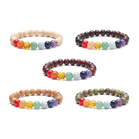 5Pcs 5 Style Natural Wood & Mixed Gemstone Round Beaded Stretch Bracelets Set, Chakra Yoga Jewelry for Women