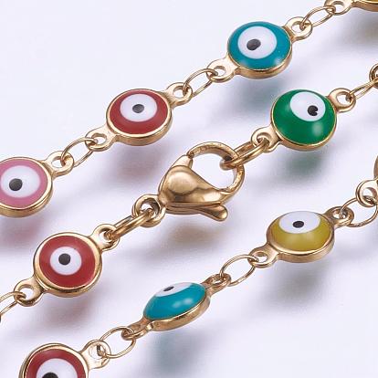 304 Stainless Steel Chain Necklaces, with Enamel and Lobster Claw Clasps, Ion Plating (IP), Flat Round with Evil Eye