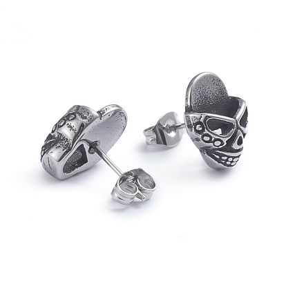 Retro 304 Stainless Steel Stud Earrings, with Ear Nuts, Skull
