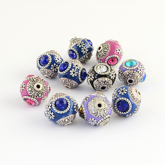 Perles rondes main indonésie, avec cabochons de verre et de métal couleur argent doubles noyaux en alliage d'antiquités, 14~15x15~16mm, Trou: 2mm