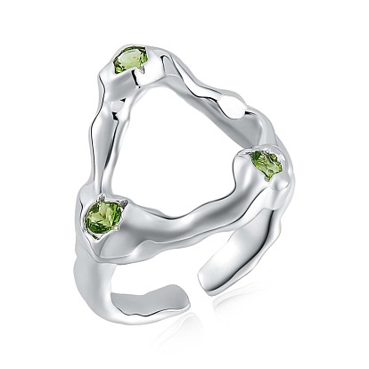 925 Sterling Silver Triangle Open Cuff Ring, Light Green Cubic Zirconia Hollow Ring for Women