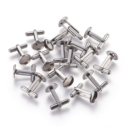 304 Stainless Steel Cuff Settings, Cufflink Finding Cabochon Settings for Apparel Accessorie, Flat Round
