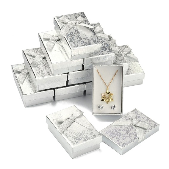 Boîtes de jeux de bijoux rectangle de carton, 2 emplacements, avec bowknot extérieur et intérieur éponge, pour les bagues et boucles d'oreilles, 83x53x27mm