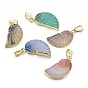 Natural Agate Crystal Electroplate Conch Pendants, with Brass Findings, 28~30x14~15x4~7mm, Hole: 5x8mm