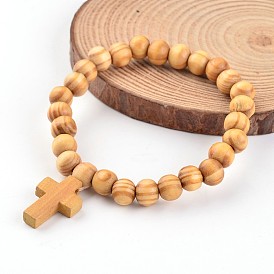 Cross Wood Beaded Stretch Charm Bracelets, 55mm