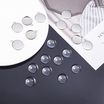 Fabrication de pendentifs bricolage, avec cabochons 304 en acier inoxydable et cabochons en verre transparent, plat rond