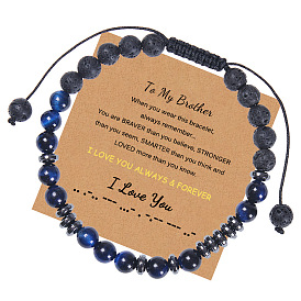 Brotherhood Morse Code Bracelet with Natural Blue Tiger Eye Stone - Handmade Letter Beaded Wristband for Men