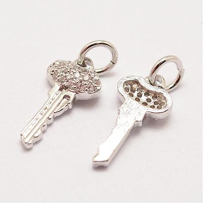 Brass Micro Pave Grade AAA Cubic Zirconia Charms, Long-Lasting Plated, Key, Cadmium Free & Nickel Free & Lead Free