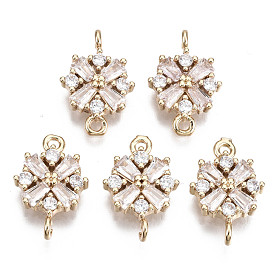 Christmas Brass Micro Pave Cubic Zirconia Links Connectors, Snowflake, Long-Lasting Plated, Light Gold