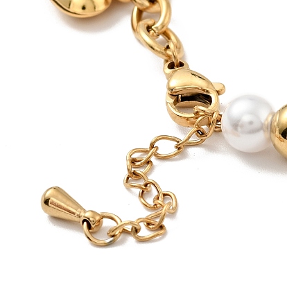 Bracelet de charme de coeur 201 en acier inoxydable, bracelet en perles de plastique avec 304 chaînes de câbles en acier inoxydable pour femmes
