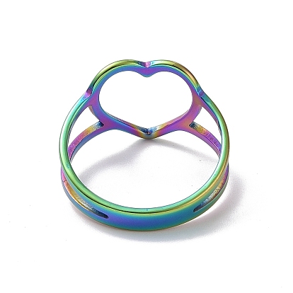 201 Stainless Steel Heart Finger Ring, Hollow Wide Ring for Valentine's Day