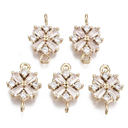 Christmas Brass Micro Pave Cubic Zirconia Links Connectors, Snowflake, Long-Lasting Plated, Light Gold