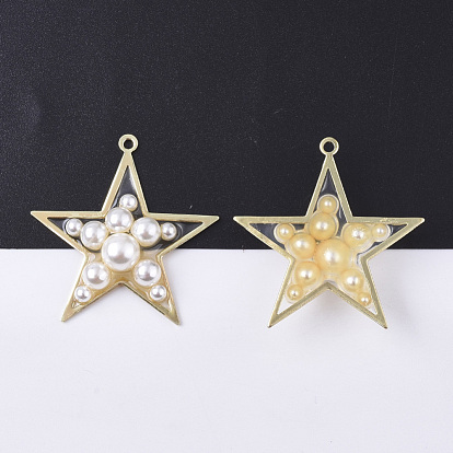 Epoxy Resin Pendants, with ABS Plastic Imitation Pearl and Light Gold Plated Brass Open Back Bezel, Star