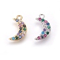 Brass Cubic Zirconia Charms, with Enamel, Moon