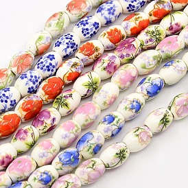 Perles porcelaine fleurs à la main imprimé baril brins, 10x8mm, Trou: 2.5mm, Environ 35 pcs/chapelet, 14.56 pouce