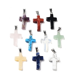 Natural Mixed Gemstone Pendants, Religion Cross Charms with Stainless Steel Color Plated 201 Stainless Steel Snap on Bails