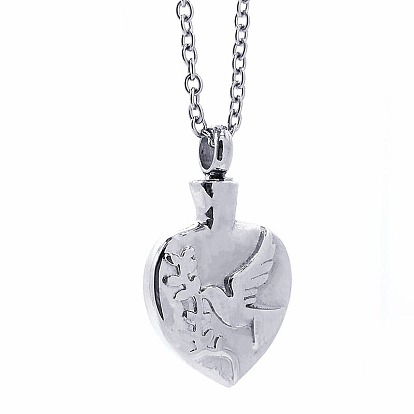 Alloy Heart with Bird Urn Ashes Pendant Necklace, Memorial Jewelry for Men Women