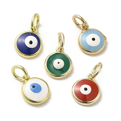 Brass Enamel Charms, with Jump Ring, Real 18K Gold Plated, Flat Round with Evil Eye Charm