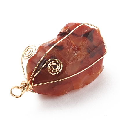 Natural Carnelian Pendants, with Golden Tone Copper Wire Wrapped, Nuggets Charm