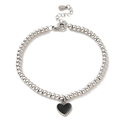 304 bracelet à breloques cœur en acier inoxydable avec émail, 201 bracelet perles rondes en acier inoxydable pour femme