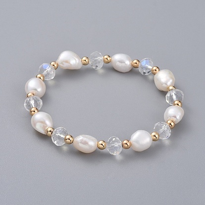 Stretch Bracelets, with Natural Cultured Freshwater Pearl Beads, Glass Beads and Brass Round Spacer Beads, Elastic Crystal Thread, with Burlap Bags