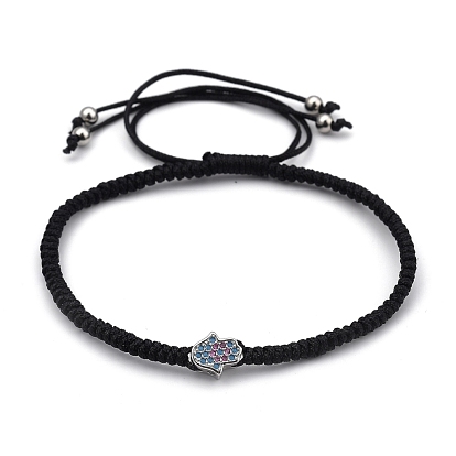 Nylon réglable bracelets cordon tressé de perles, avec 304 perles rondes en acier inoxydable et perles de zircone cubique en laiton, hamsa main / main de fatima / main de miriam
