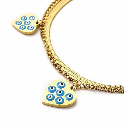 Ion Plating(IP) 304 Stainless Steel Enamel Heart with Evil Eye Pendant Necklaces, Double Layer Necklaces for Women