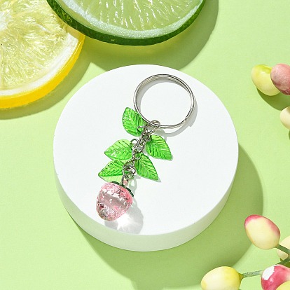 Strawberry/Cherry/Apple Acrylic Pendant Keychain, with Leaf Charms and Iron Keychain Ring