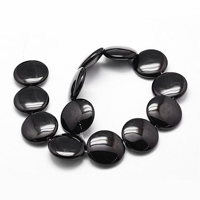Natural Black Onyx Beads Strands, Grade A, Dyed & Heated, Flat Round