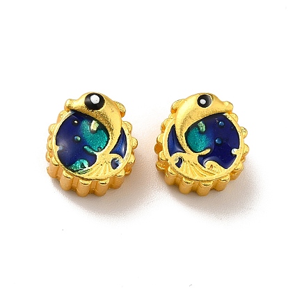 Rack Plating Alloy Enamel European Beads, Large Hole Beads, Cadmium Free & Lead Free, Matte Gold Color, Flat Round with Dolphin