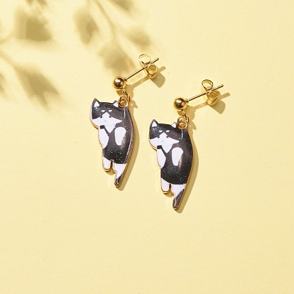 Boucles d'oreilles chat en alliage avec émail, plaqué or 304 bijoux en acier inoxydable pour femmes