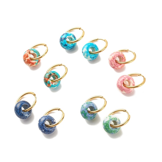 Rondelle Natural Ocean White Jade Dangle Hoop Earrings, 304 Stainless Steel Jewelry for Women