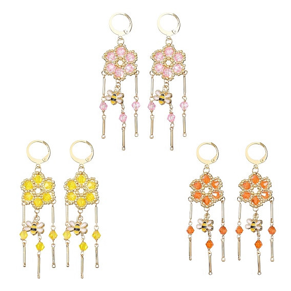 Glass Flower & Alloy Enamel Bee Chandelier Earrings, Golden 304 Stainless Steel Tassel Earrings