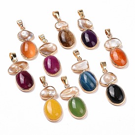Natural Agate with Natural Shell Pendants, with Light Gold Plated Brass Findings, Dyed & Heated, Oval Charm