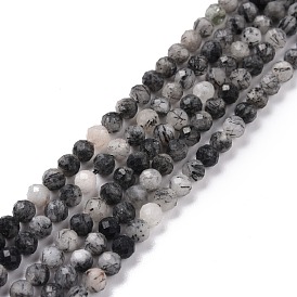 Quartz naturel tourmaliné / perles de quartz rutile noires, facette, ronde