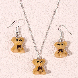 Cute Bear Earrings and Necklace Set, Fashionable Animal Jewelry