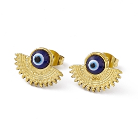 Blue Resin Evil Eye with Fan Stud Earrings, Vacuum Plating 304 Stainless Steel Jewelry for Women