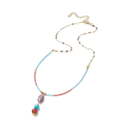 5 pcs 5 ensemble de colliers pendentifs ovales en pierres précieuses mélangées naturelles et synthétiques, colliers empilables en perles de verre avec chaînes en laiton pour femmes
