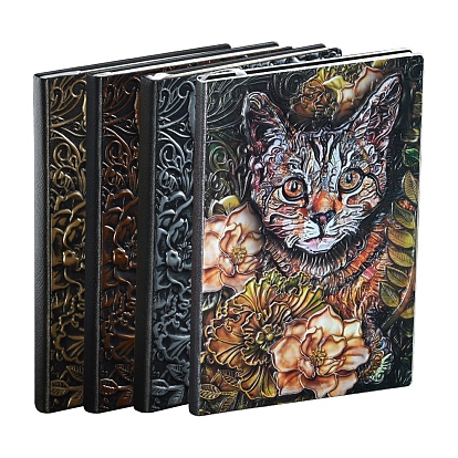 Cuaderno de cuero pu en relieve 3d, un diario con motivos de gatos y flores, para material de oficina escolar