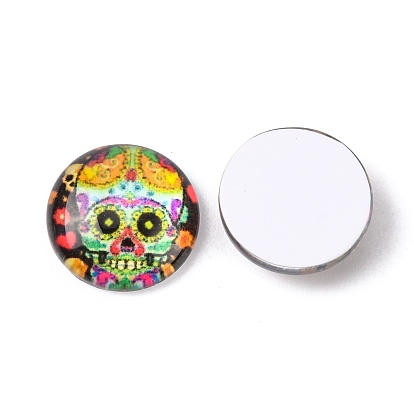 Half Round/Dome Sugar Skull Pattern Glass Flatback Cabochons for DIY Projects, For Mexico Holiday Day of the Dead