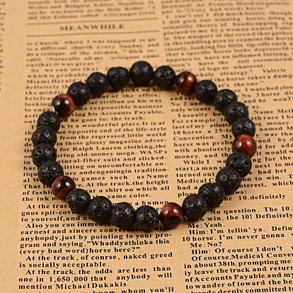Natural Lava Rock Beaded Stretch Bracelets, with Tiger Eye Beads, 60mm