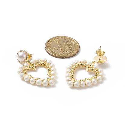 Wrapped Shell Pearl Beaded Dangle Stud Earrings, Heart Brass ABS Plastic Imitation Pearl Earring for Women