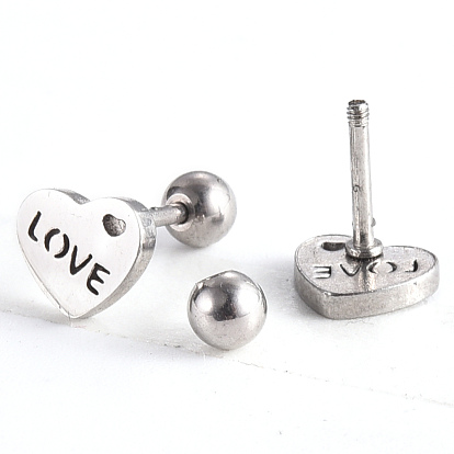 201 Stainless Steel Barbell Cartilage Earrings, Screw Back Earrings, with 304 Stainless Steel Pins, for Valentine's Day, Heart with Word Love