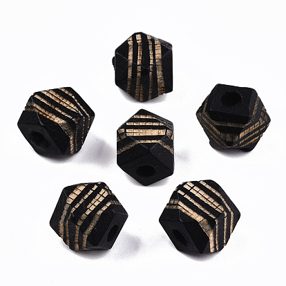 Perles de bois naturel peintes, motif gravé au laser, facette, polygone avec bande zébrée