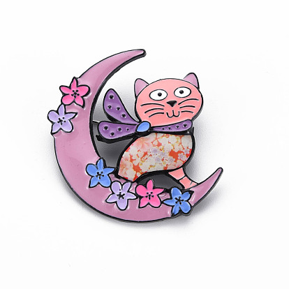 Moon & Cat Enamel Pin, Alloy Brooch with Stickers for Backpack Clothes, Electrophoresis Black, Nickel Free & Lead Free