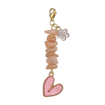 Heart Acrylic & Natural Gemstone Chips Beaded Pendant Decoration, with Alloy Enamel Flower Charms and 304 Stainless Steel Lobster Claw Clasps
